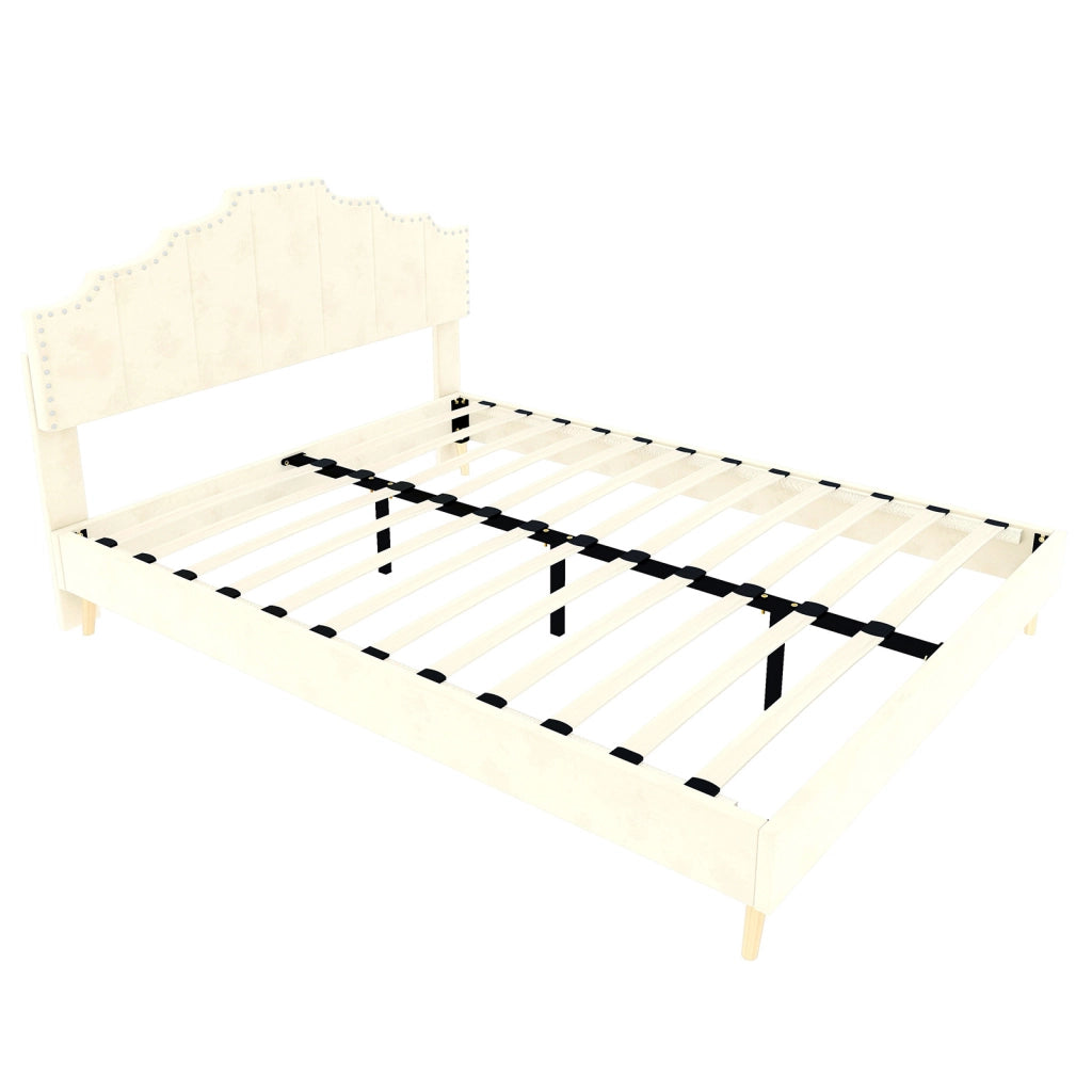 Letto matrimoniale 140x200 cm con testiera imbottita beige e design geometrico