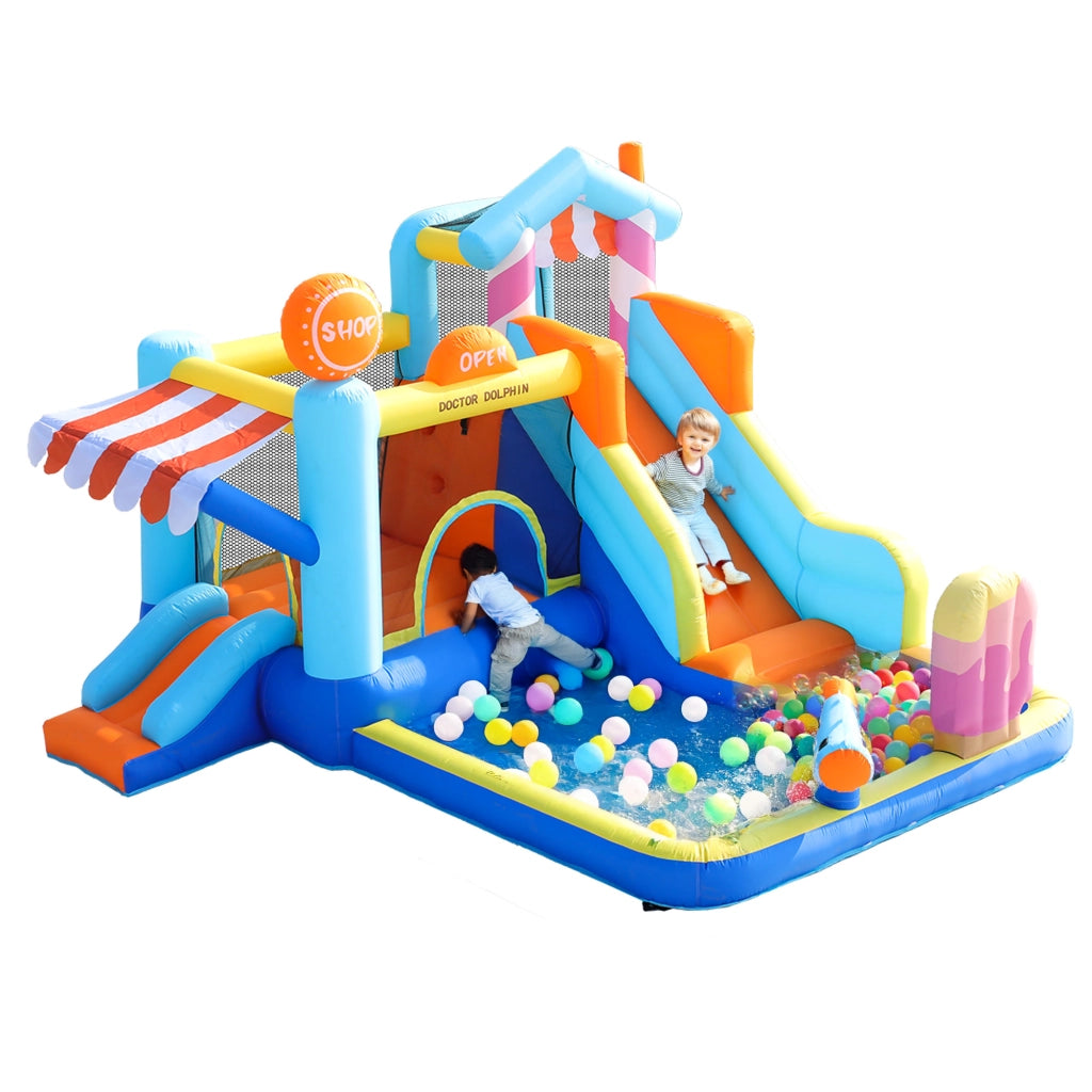 Castello Gonfiabile per Bambini con Parco Acquatico; Doppio Scivolo e Trampolino; Ventilatore 450W Incluso; Uso Asciutto e Bagnato; 395x340x236 cm