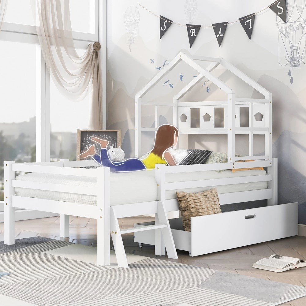 Letto a Soppalco Bambini in Legno Massello con Scala e Cassetti ¨C Xylo ¨C Bianco 90x200