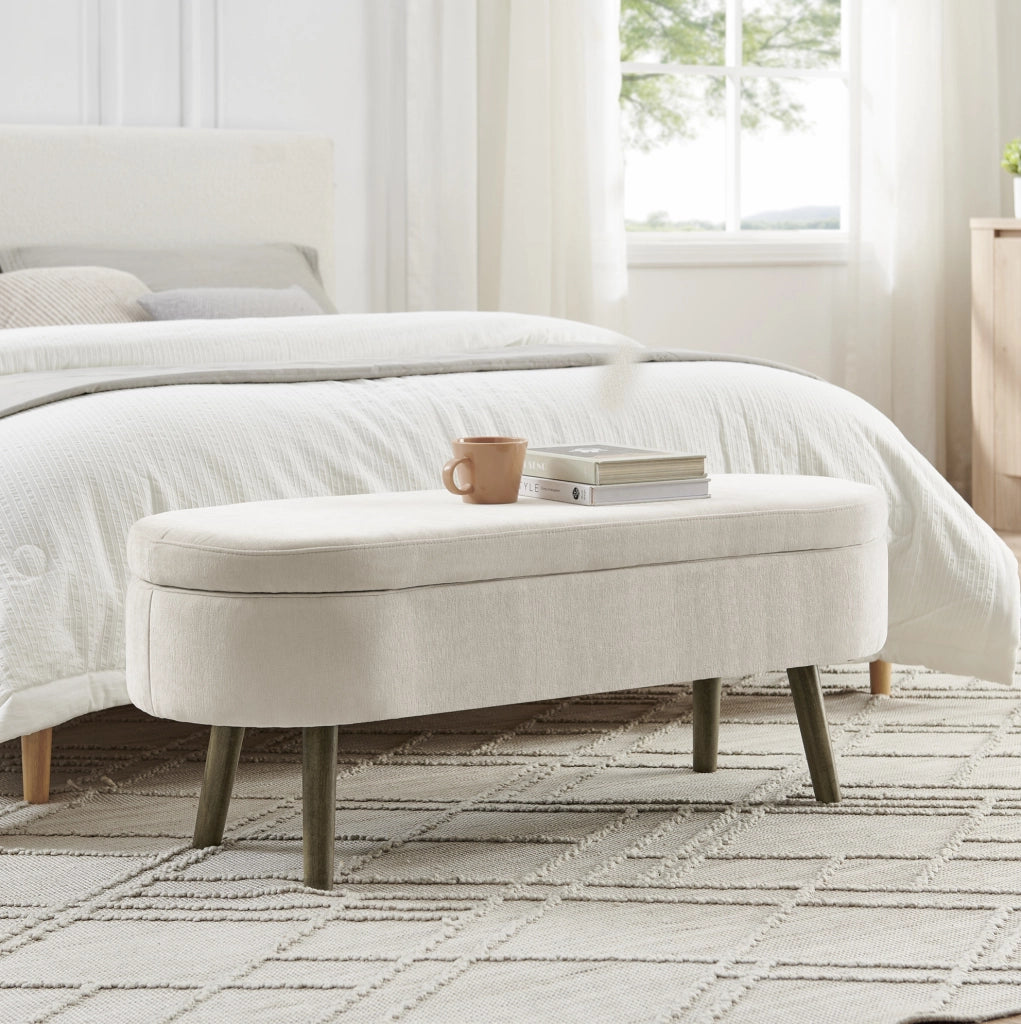 Panca contenitore beige in tessuto chenille con struttura in legno massello, 110x40x42 cm, 20L capacità, per soggiorno, camera e ingresso