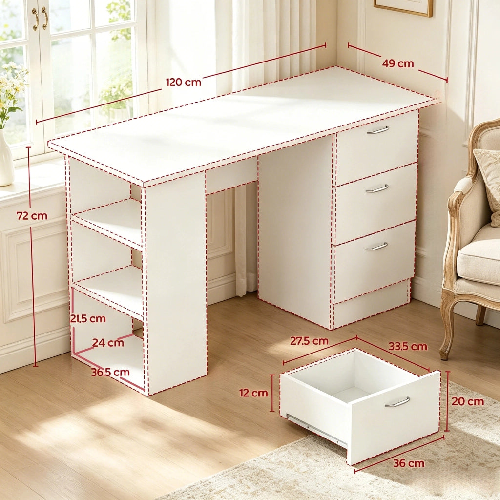 Scrivania dritta con 3 cassetti e 3 ripiani aperti in MDF bianco configurabili su entrambi i lati 120 × 49 × 72 cm