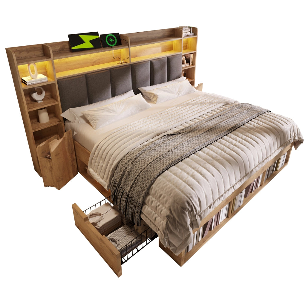 Letto contenitore matrimoniale 160 × 200 cm con LED, USB e Type-C, cassetti, senza materasso, rovere