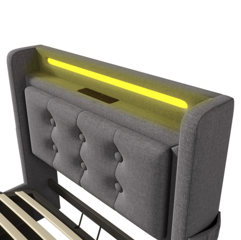 Letto singolo 90x200 cm con testiera imbottita, funzione di ricarica USB-C, struttura in legno e metallo, colore grigio, senza materasso