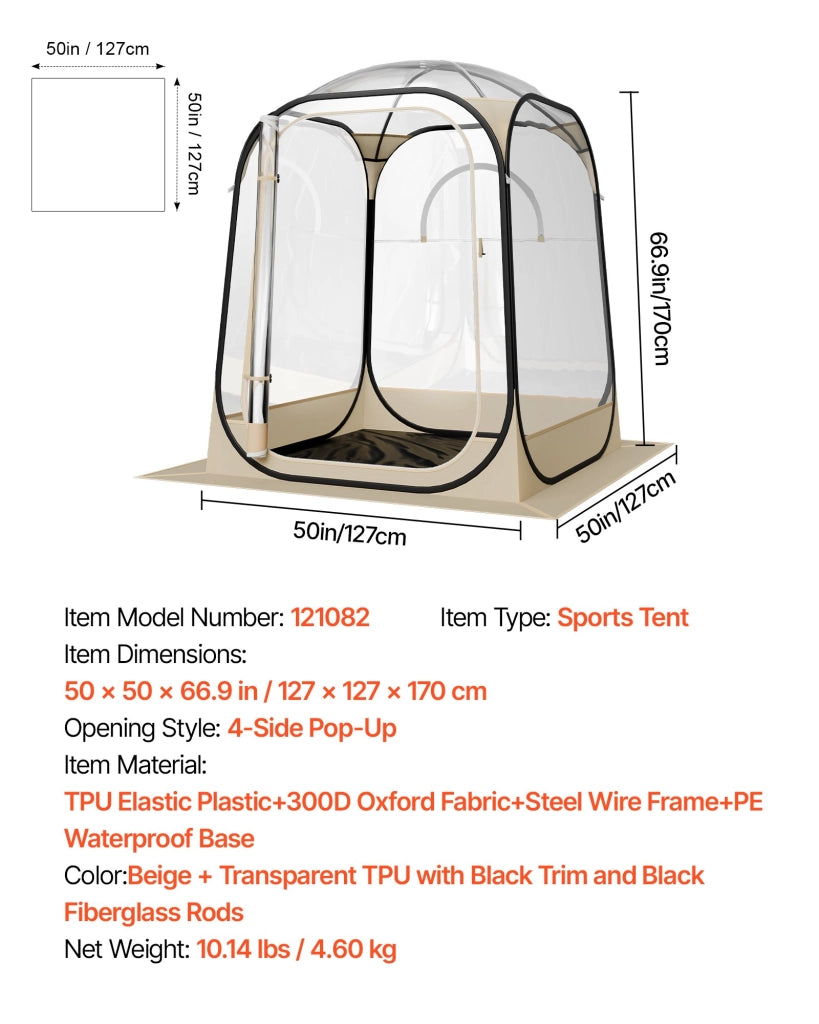 Tenda Igloo Pop-Up Trasparente per Giardino ed Esterni 127x127x170 cm Impermeabile in TPU e Oxford con Tappetino e Borsa
