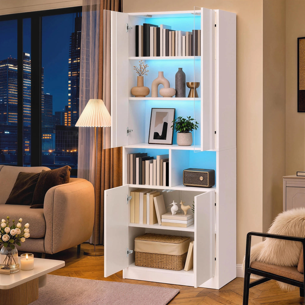 Armadio alto con LED, 4 ante, 2 vani aperti e ripiano regolabile per camera da letto, bianco, 70 × 35 × 180 cm