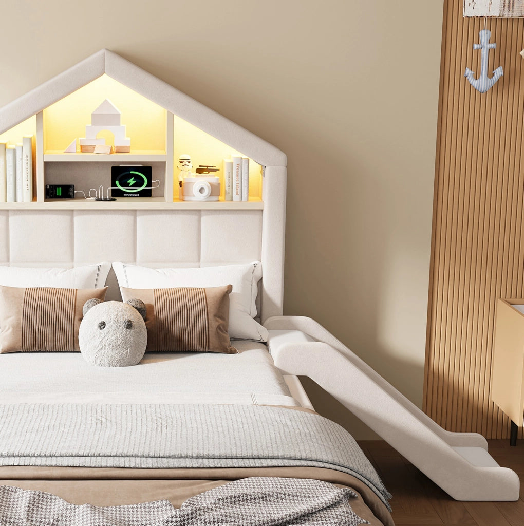 LETTO Bambini Imbottito 90x200 cm Beige con Scivolo, LED e Porta di Ricarica