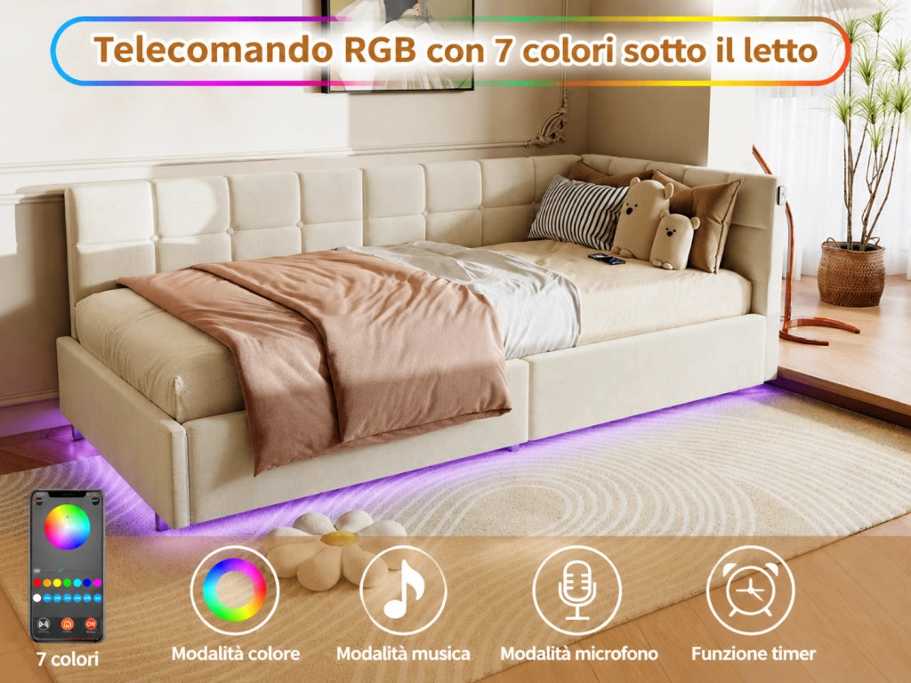 Letto angolare contenitore beige in velluto, con luci RGB, porte USB‑C, struttura idraulica, design moderno per camera da letto