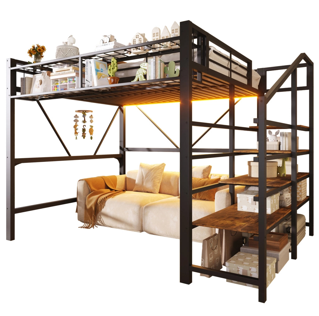 Letto a soppalco 140x200 cm con LED; scaffale a gradini e contenitore; nero