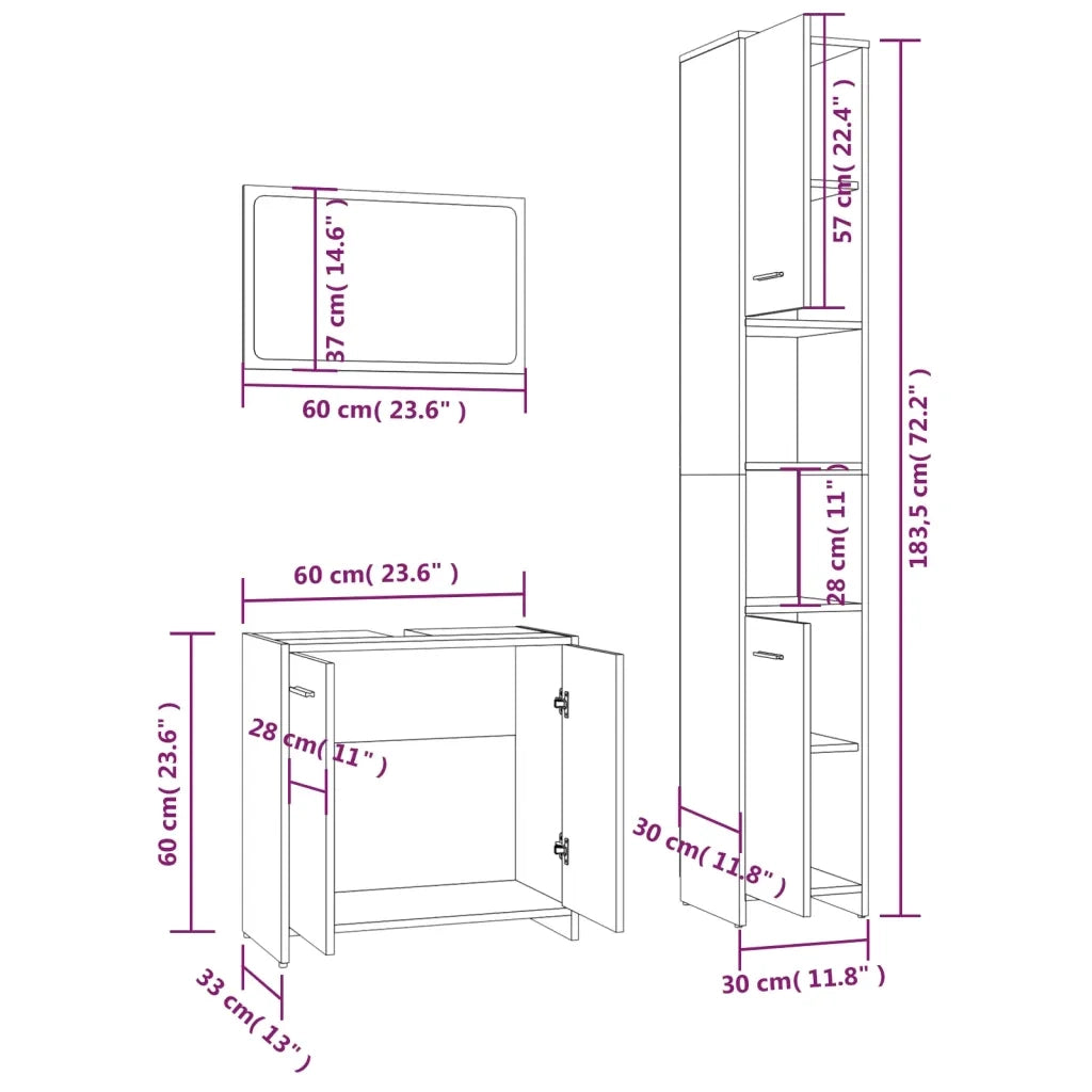 Set Mobili da Bagno 3 pz Rovere Fumo in Legno Multistrato 3152716