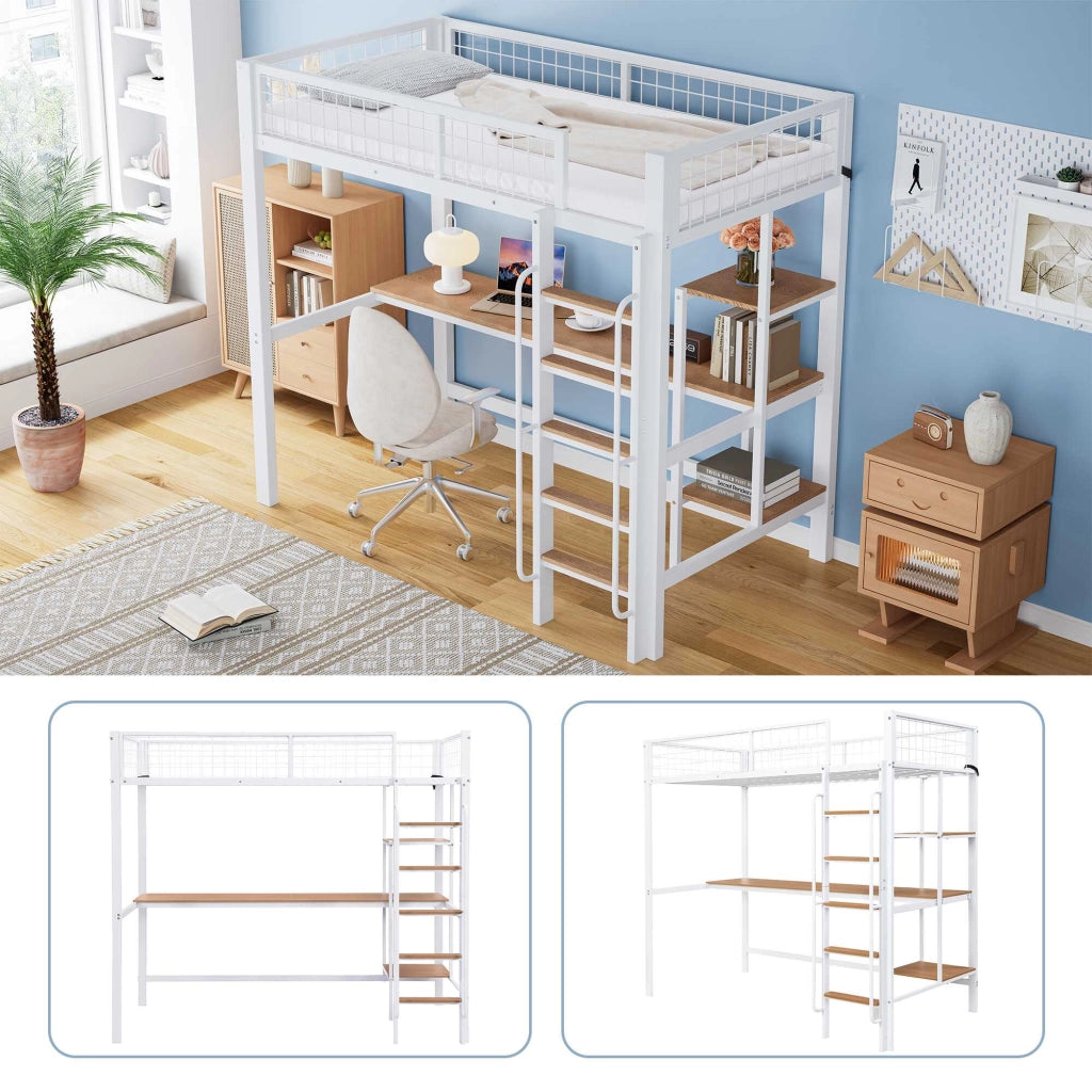 Letto a soppalco 90x200 cm bianco e naturale; metallo e MDF; scrivania; ripiani e scala a 5 gradini