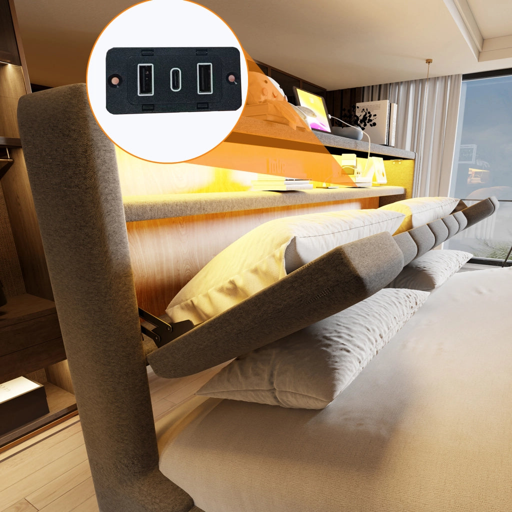 Letto matrimoniale contenitore 180x200 cm imbottito grigio con LED; USB e USB-C HOMVRA