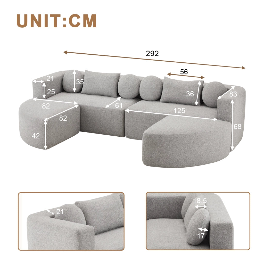Divano letto modulare in ciniglia grigio con imbottitura elastica già compresso senza montaggio 68 × 292 × 165 cm