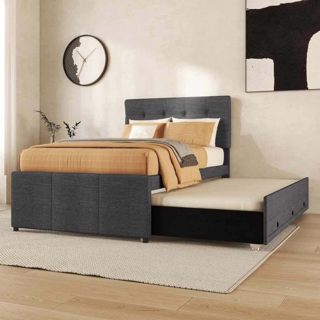 Letto singolo imbottito estraibile con tre cassetti testiera regolabile in lino grigio