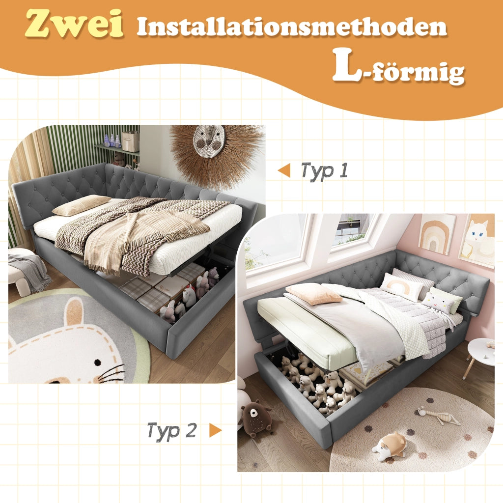 Letto singolo con contenitore 90 × 200 cm in velluto grigio con rete a doghe e testiera reversibile