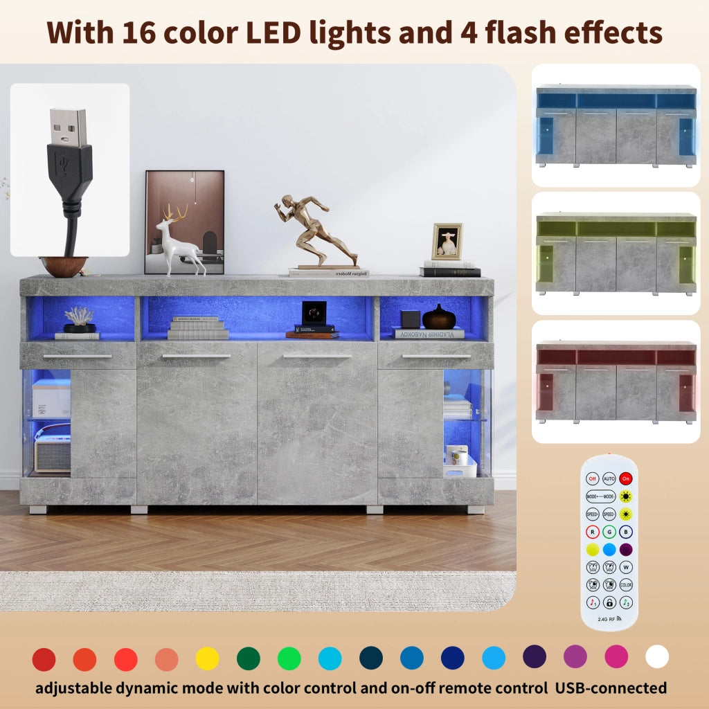 Credenza LED con 3 cassetti e 6 vani, ante in vetro temperato, per soggiorno, grigio cemento, 140 × 40 × 70 cm