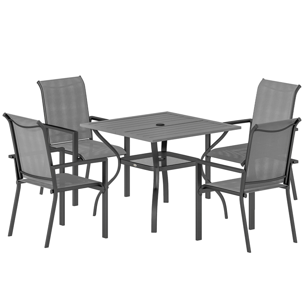 Set da Giardino 5 pz in Acciaio con 4 Sedie Impilabili e Tavolo con Foro Centrale e Ripiano Inferiore, Grigio