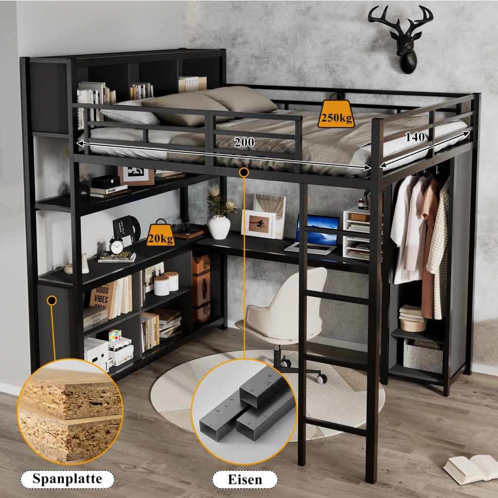 Letto a soppalco 140 × 200 cm 2 posti con scrivania, armadio e vani contenitore, senza materasso, nero