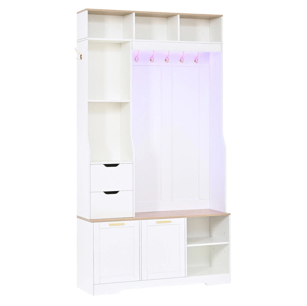 Mobile ingresso 100x32x186 cm in MDF bianco con seduta e vano scarpe