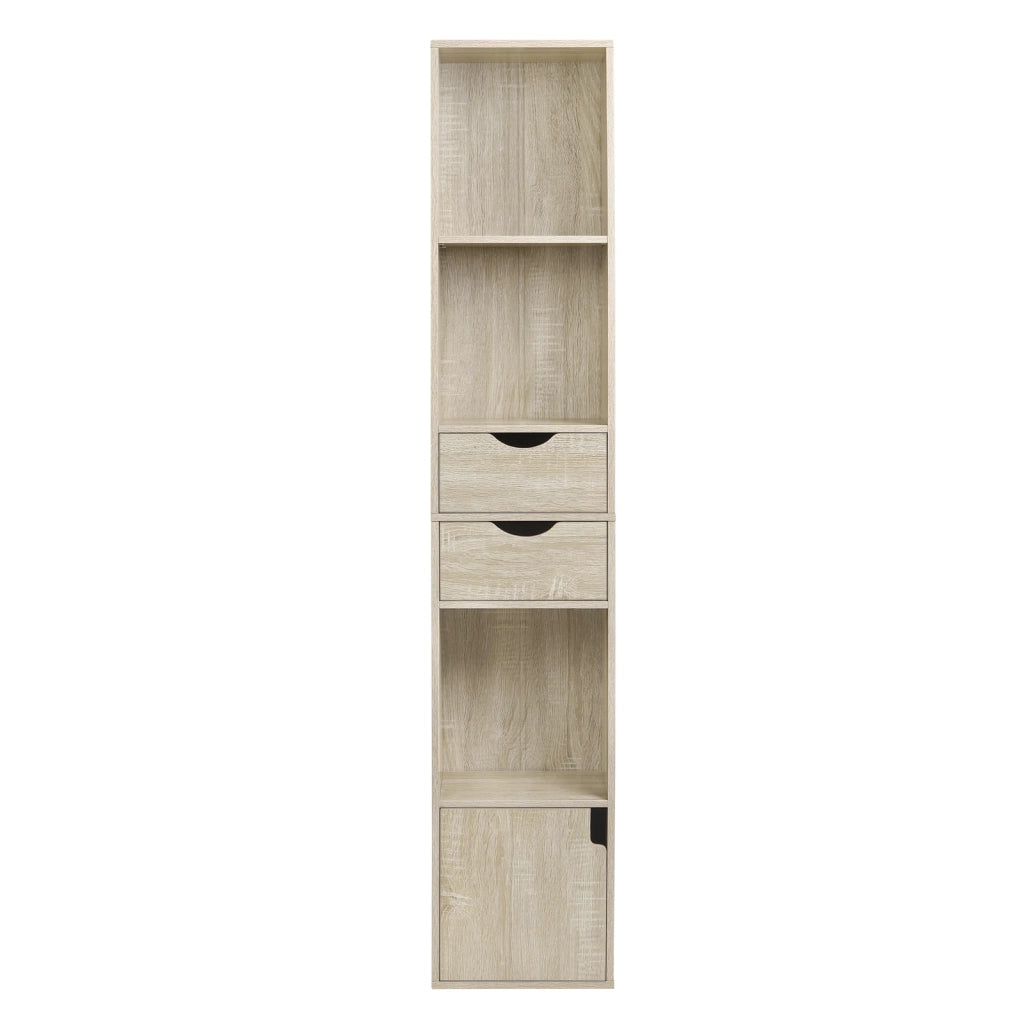 Libreria stretta con 3 nicchie, 2 cassetti e anta, ripiani regolabili, per soggiorno, rovere chiaro, 30 × 24 × 157,5 cm