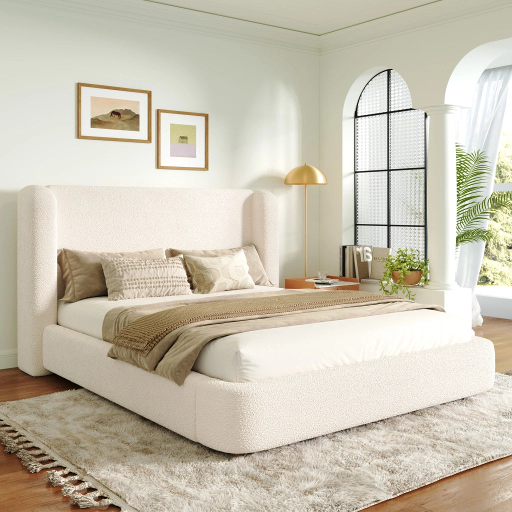 Letto contenitore 160x200 cm in bouclé beige, testiera, rete, senza materasso