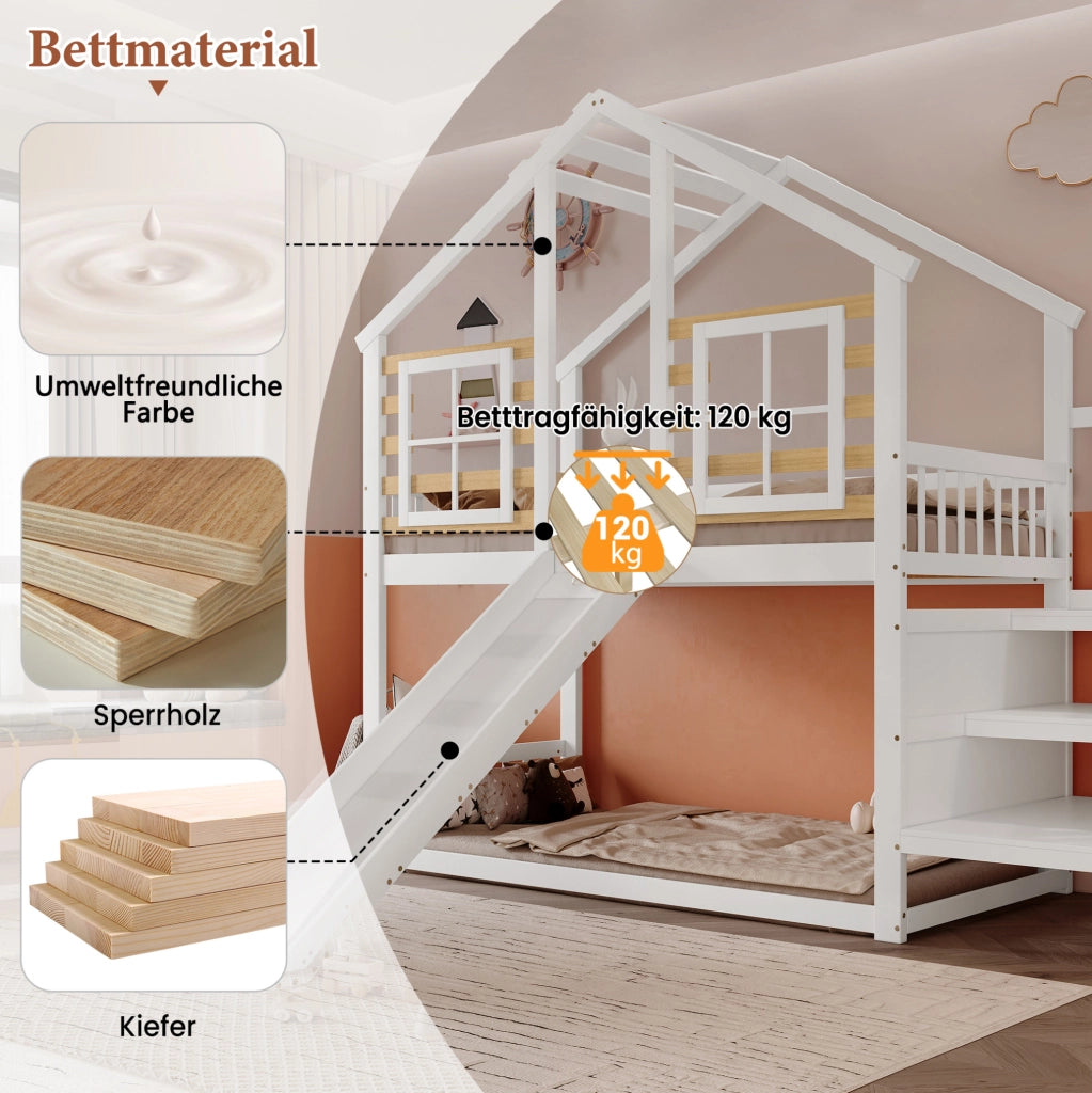 Letto a Castello in Legno Massello Bianco con Scivolo, Finestra e Protezioni di Sicurezza, 90x200 cm