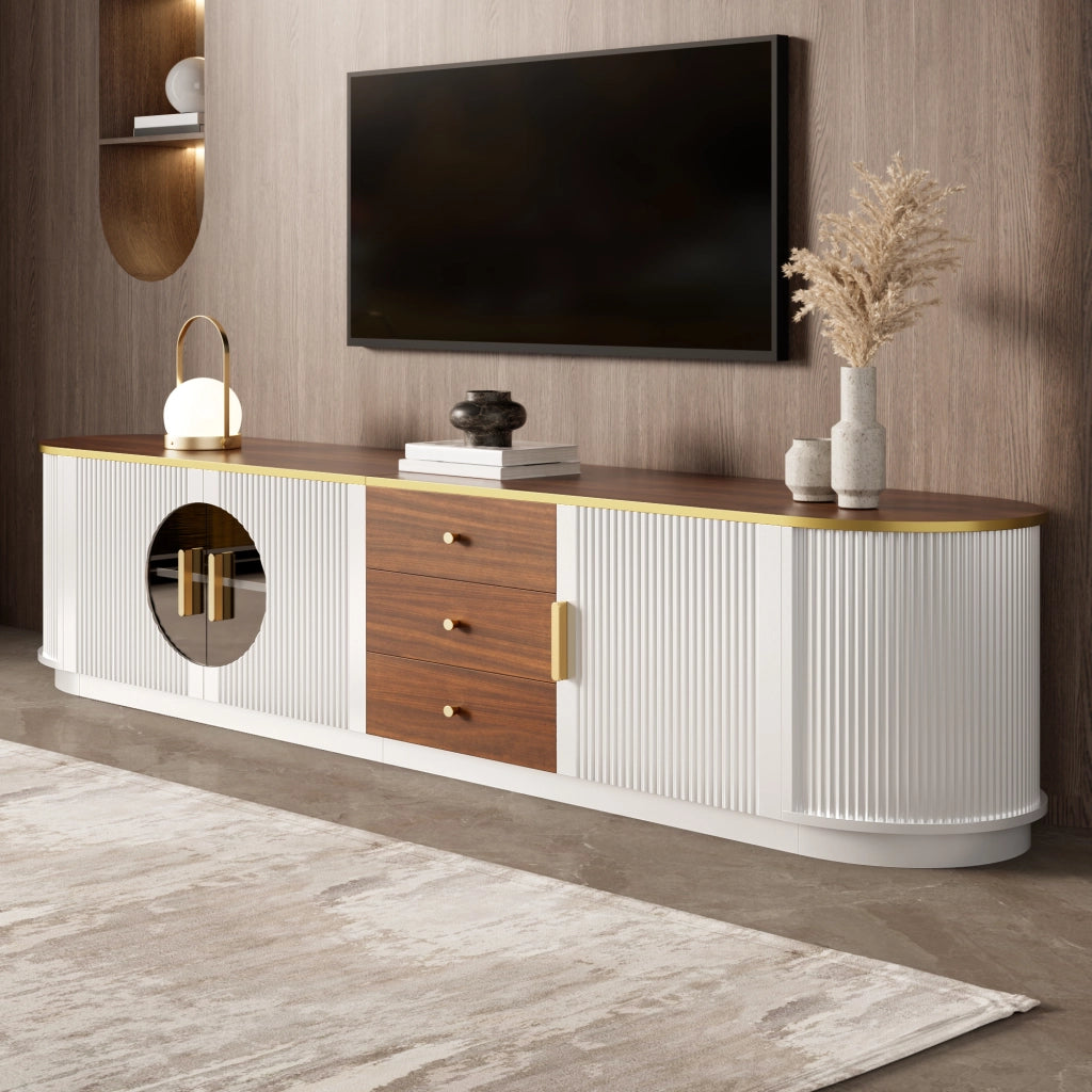 Mobile TV con 3 cassetti e 3 ante; vetro marrone; MDF bianco e gestione cavi 180 × 40 × 46 cm