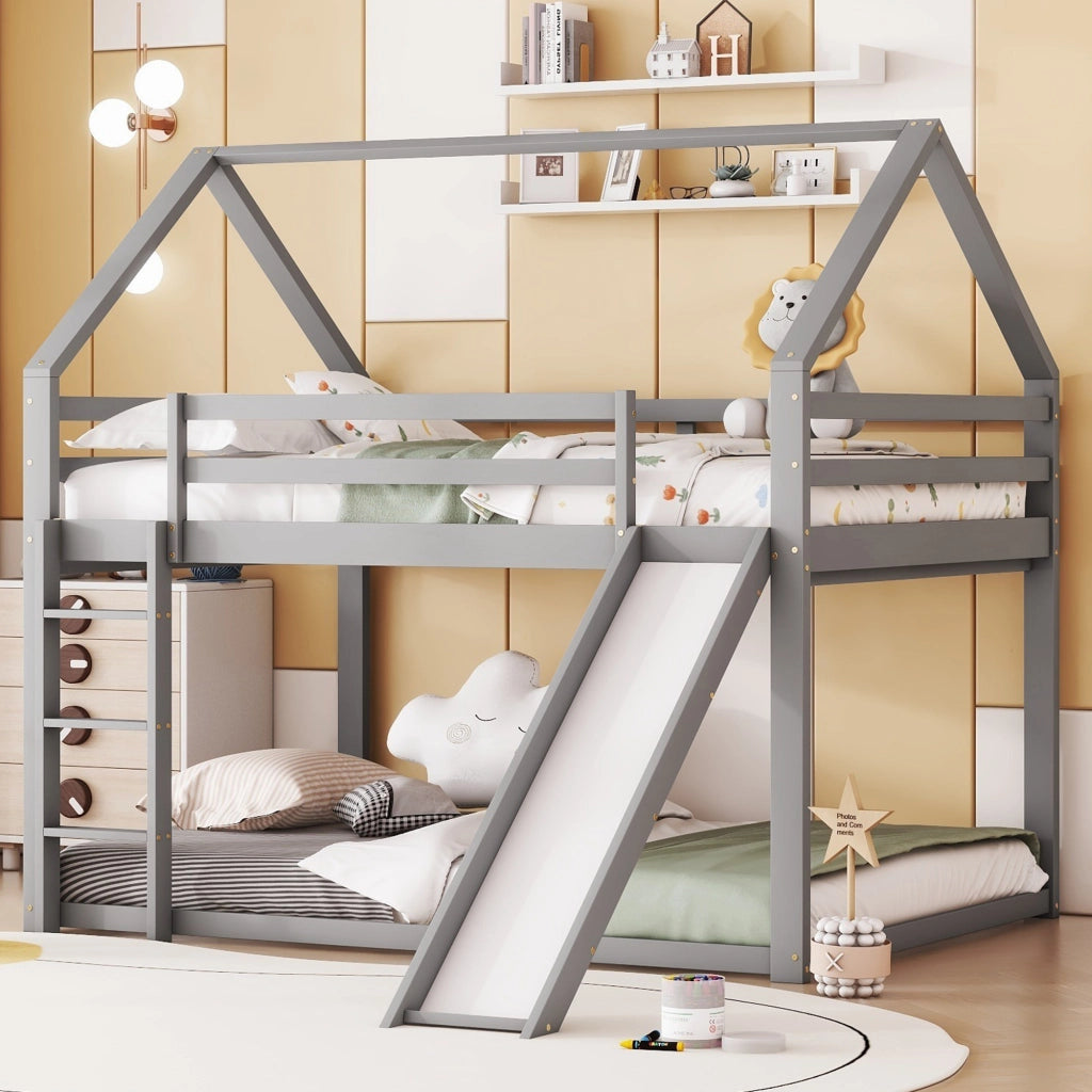 Letto a castello per bambini 140 × 200 cm 4 posti con scivolo e scala; senza materasso; in pino e MDF grigio