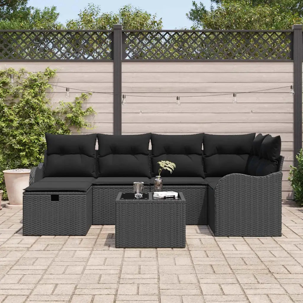 Set Divano da Giardino con cuscino 7 pcs Nero Poly Rattan