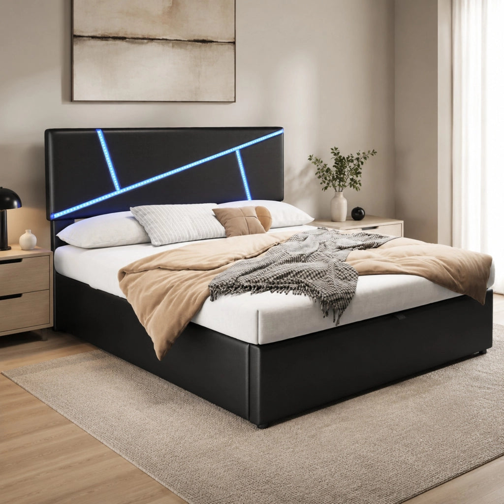 Letto imbottito LED con contenitore e rete a doghe, nero
