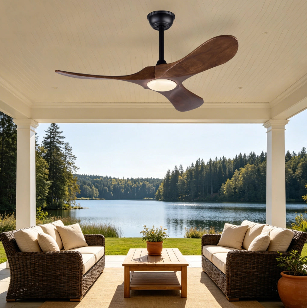 Ventilatore da soffitto in legno massello da 42 pollici con illuminazione LED dimmerabile e telecomando, 3 pale, 6 velocità, per soggiorno e camera da letto