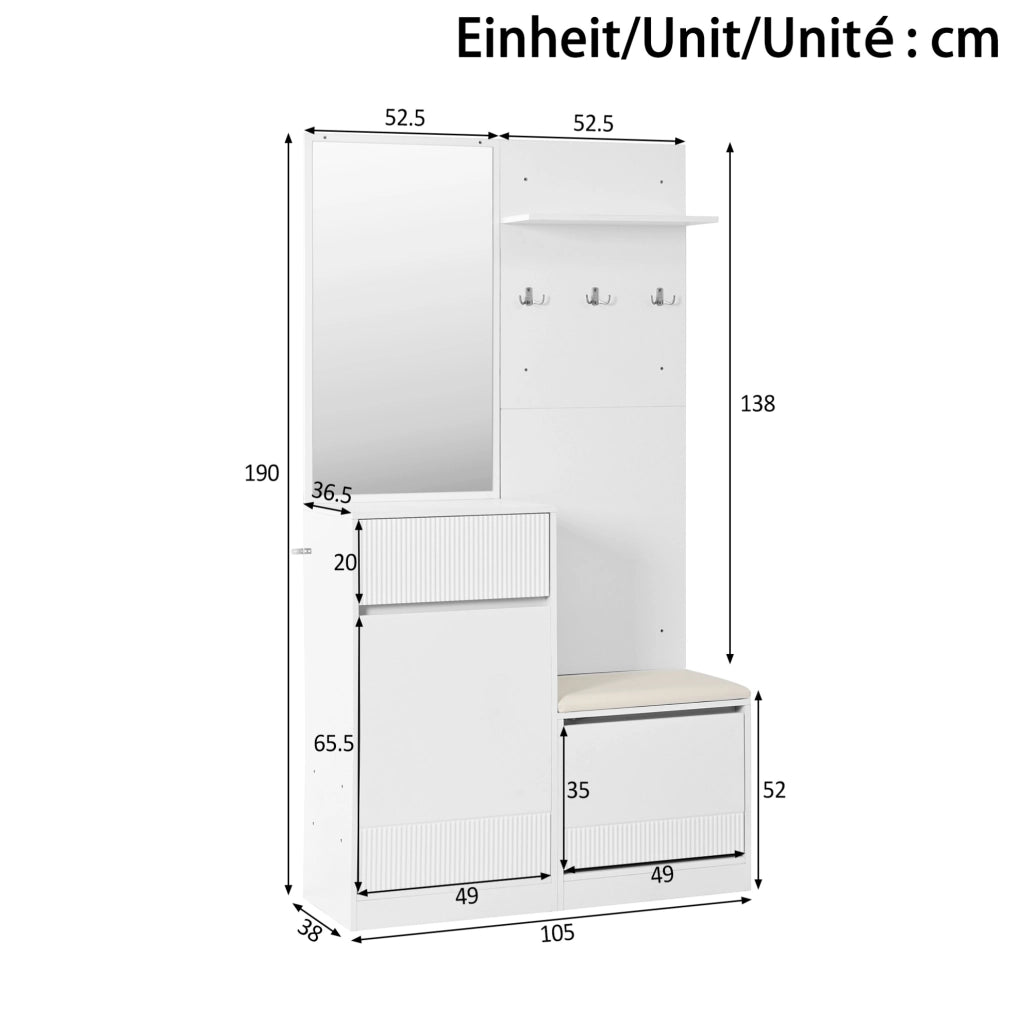 Guardaroba da ingresso bianco con scarpiera, specchio e LED