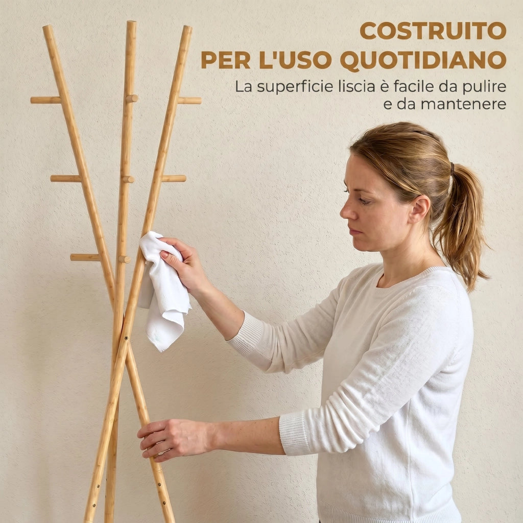 Appendiabiti 58,5x58,5x176 cm con 9 Ganci e 2 Ripiani in Bambù e MDF Naturale