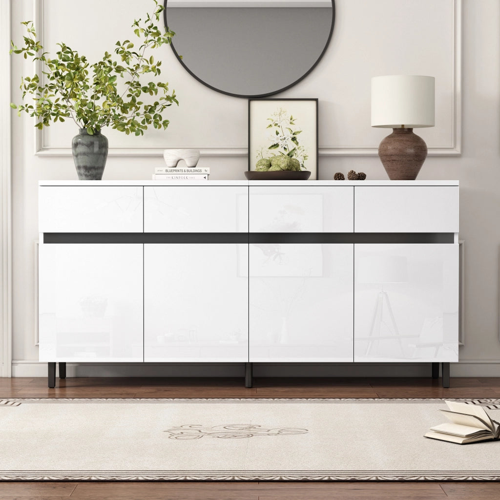 Credenza Bianca Lucida Mobile Buffet 160 cm con 4 Cassetti e 2 Ante