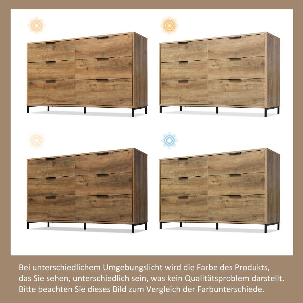 Cassettiera industriale con 6 cassetti e piedini regolabili per camera da letto, rovere scuro, 120 × 40 × 76 cm