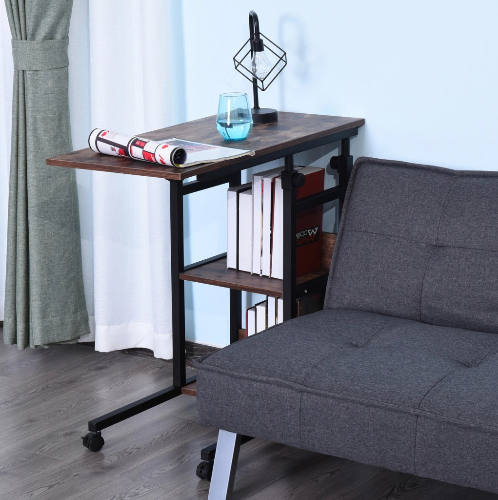 Tavolino laterale regolabile 80x40x72-82 cm con ruote e 2 ripiani in metallo marrone