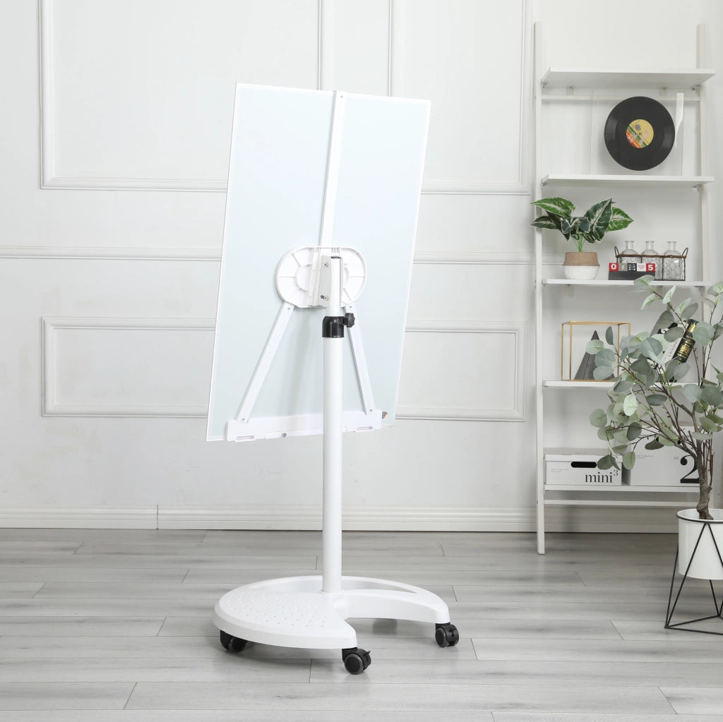 Lavagna Magnetica con Vetro Temperato 90x60 cm con Altezza e Inclinazione Regolabili, Base ABS con Ruote Bloccabili, Bianco