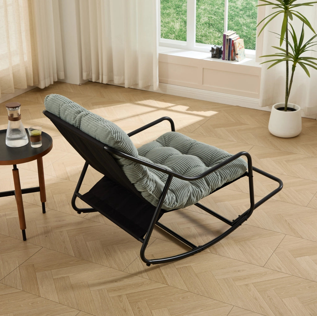 Poltrona a Dondolo da Esterno con Cuscino Spesso e Morbido, Telaio Nero e Cuscino Verde Chiaro, 75x116x82 cm