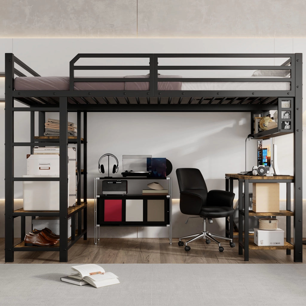 Letto a soppalco per bambini 120 × 200 cm con scrivania ripiano scala a 4 gradini metallo nero noce scuro