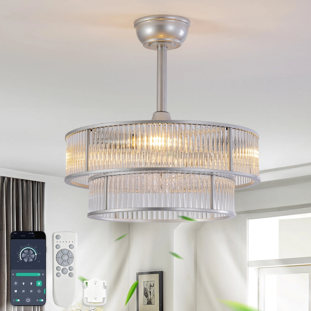 Ventilatore da soffitto con luce e cristalli da 50 cm; 6 velocità e controllo da app; vetro e metallo; argentato