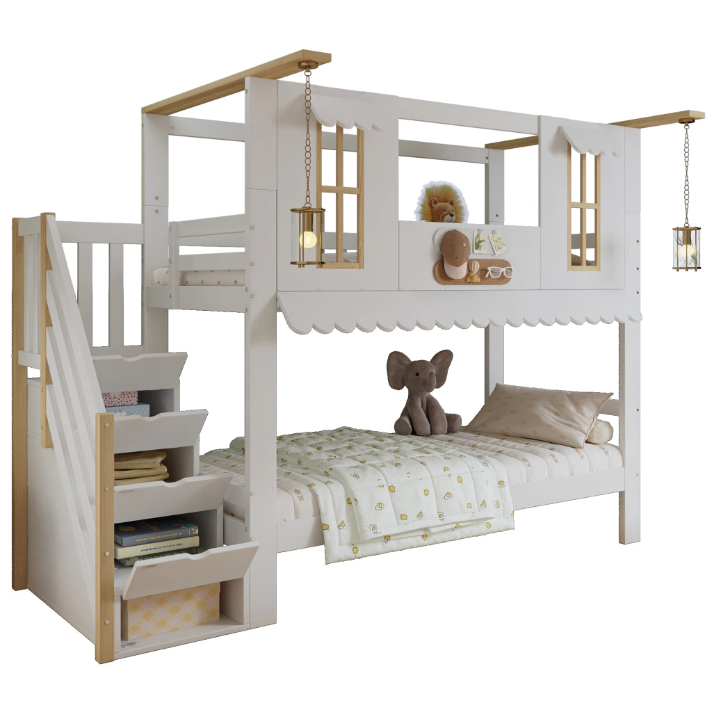 Letto a castello per bambini 90 × 200 cm 2 posti con scala contenitore; senza materasso; bianco e naturale