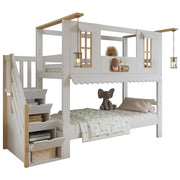 Letto a castello per bambini 90 × 200 cm 2 posti con scala contenitore; senza materasso; bianco e naturale