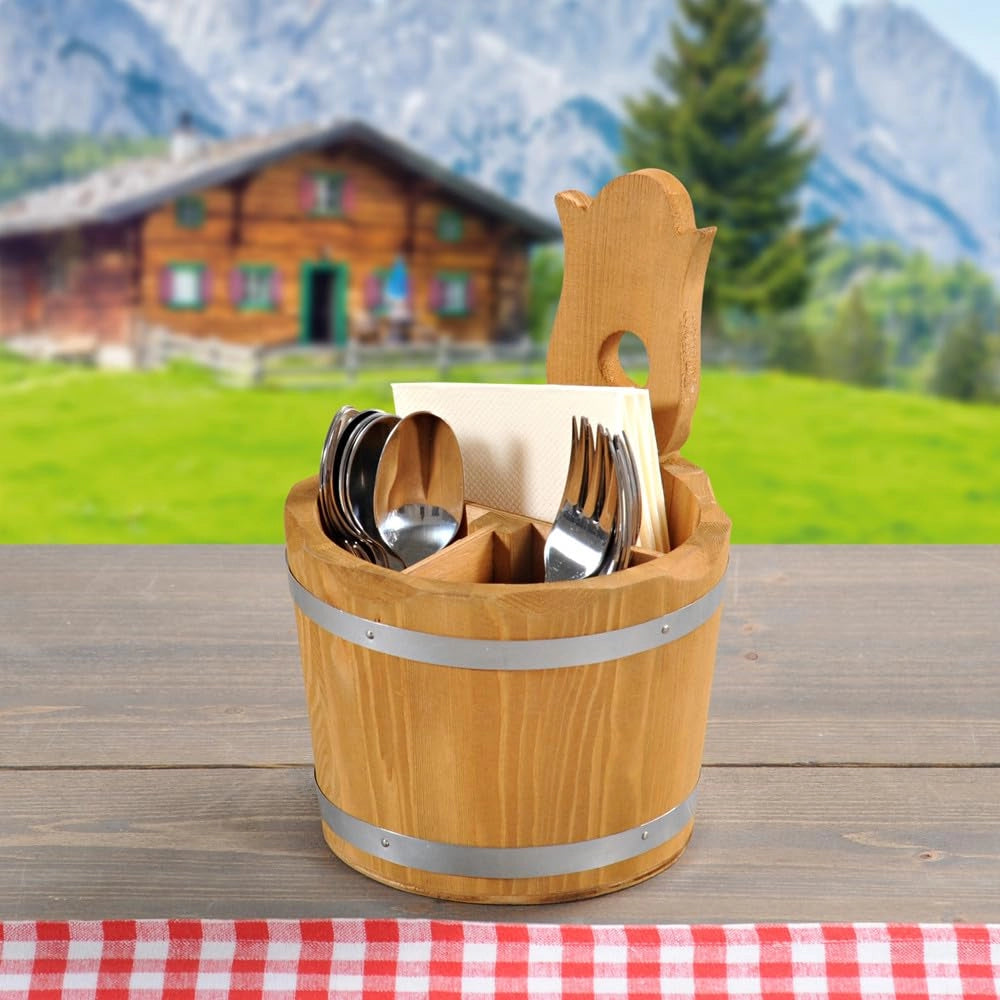 Contenitore per utensili in legno, con 3 scomparti, dimensioni 14x14x20 cm, colore marrone