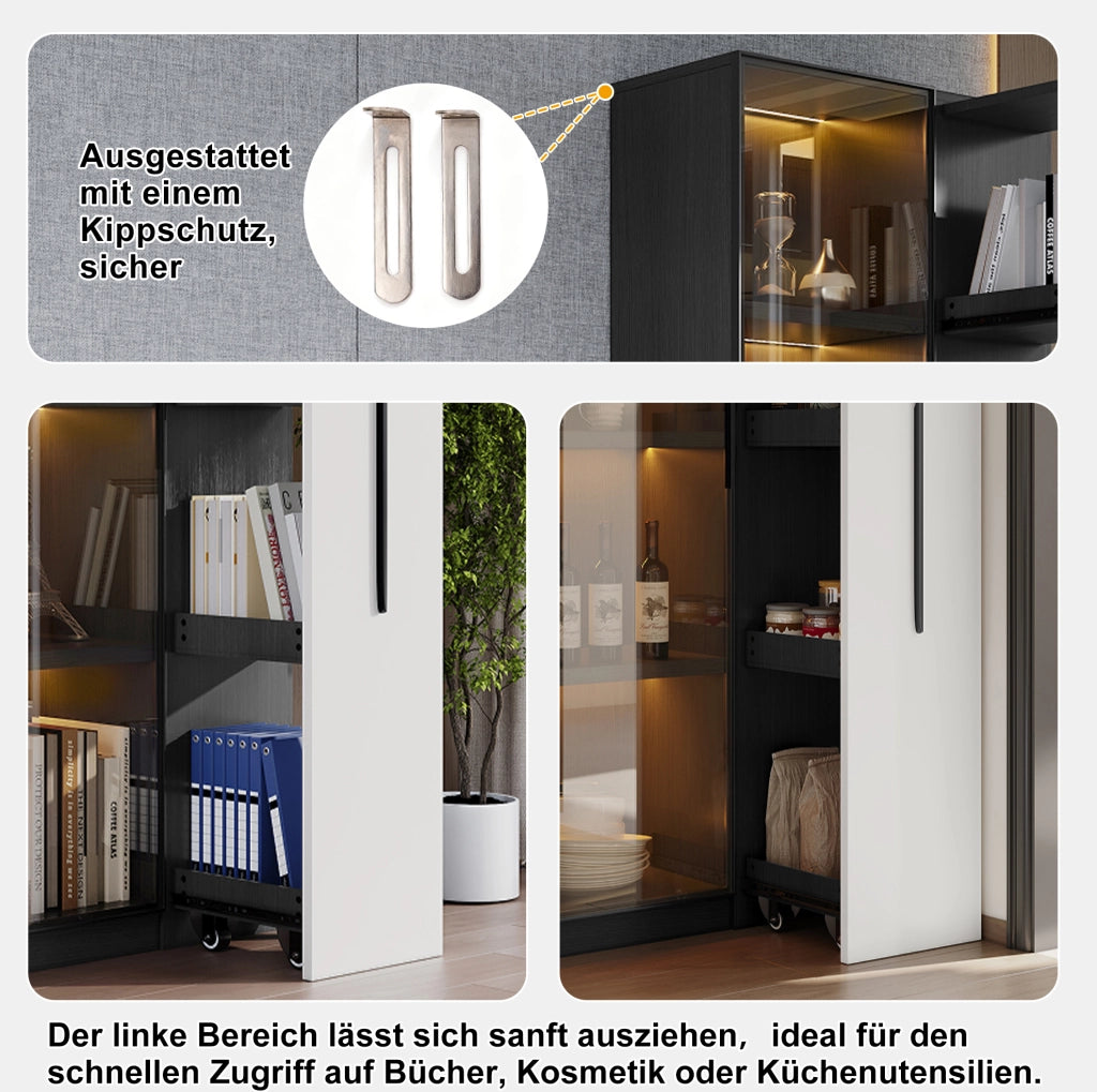 Vetrina 70x40x160 cm con LED e vano estraibile laterale in MDF nero e bianco