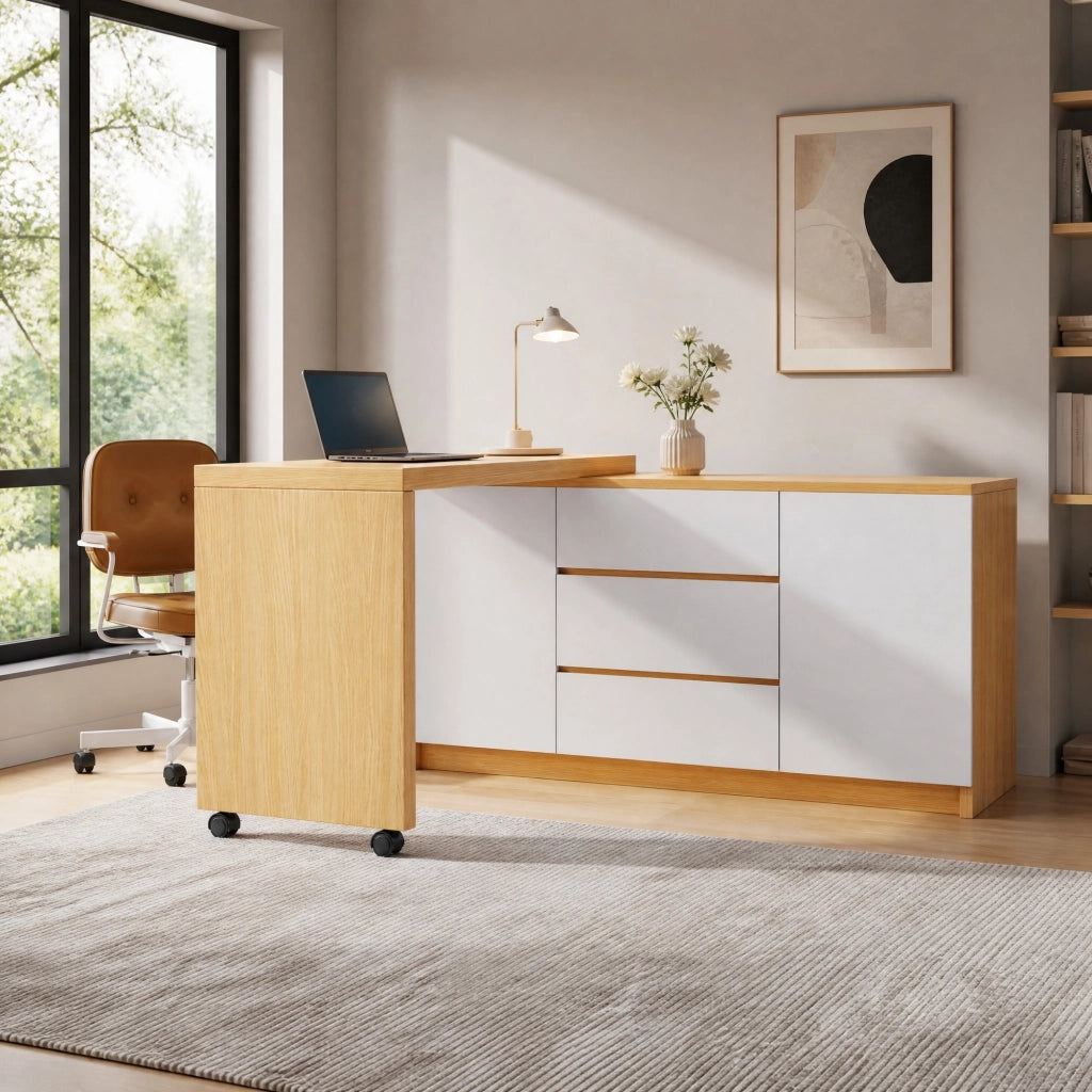 Scrivania girevole 360° 120x50x76;5 cm con 3 cassetti e 2 ante in truciolare bianco e rovere