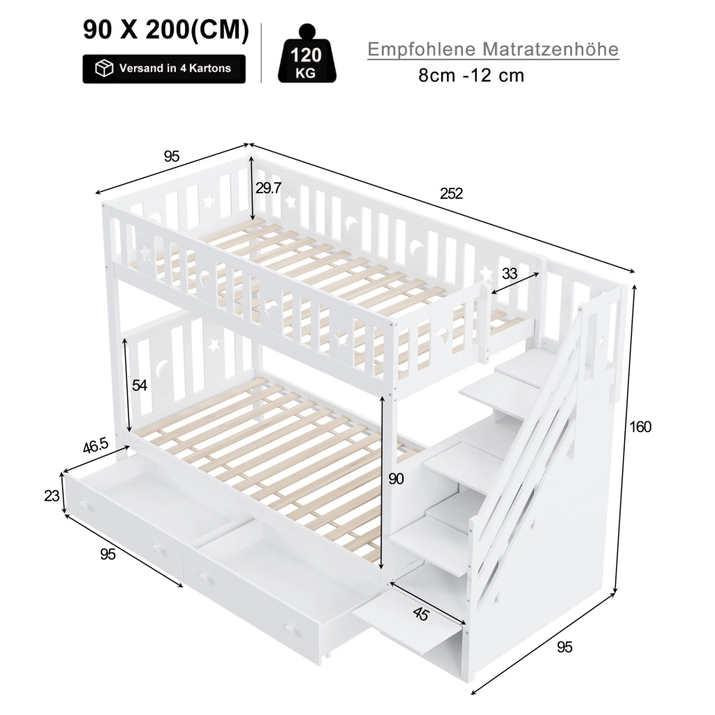 Letto a castello per bambini 90 × 200 cm in legno bianco con scala contenitore due cassetti e doghe