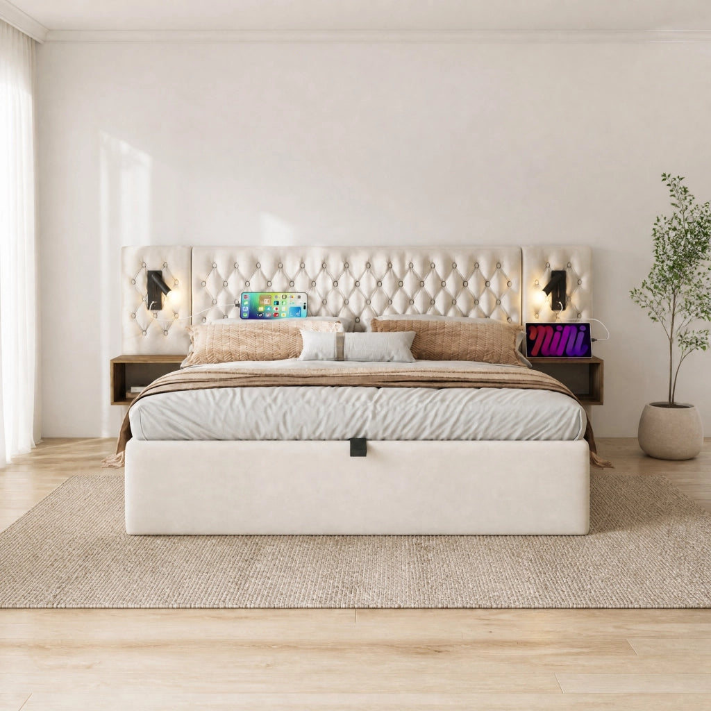 DESMIU Letto contenitore 2 posti con 2 comodini, USB, Type-C e luci da lettura 180 × 200 cm, senza materasso