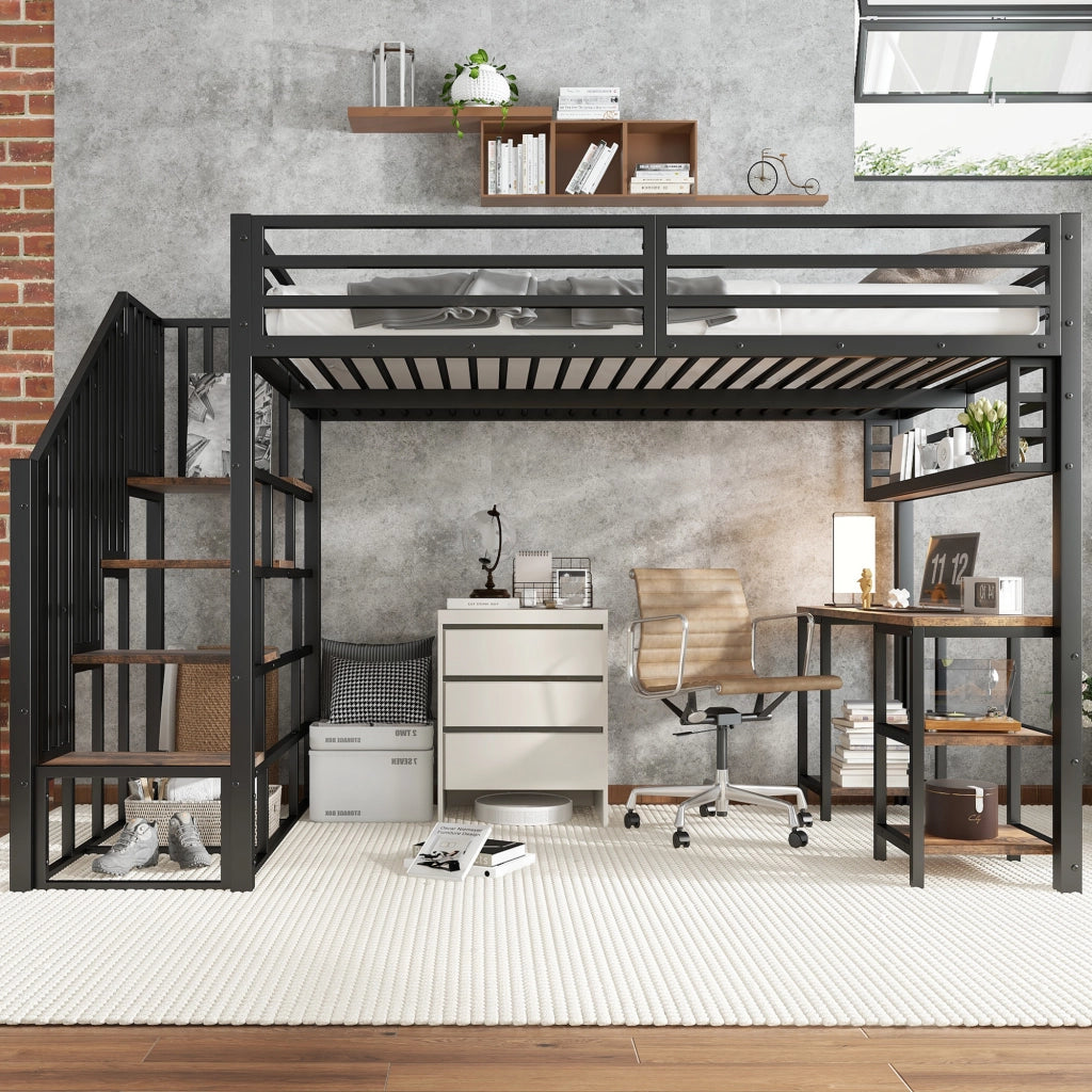 Letto a soppalco per bambini 120 × 200 cm con scrivania scaffale scale con corrimano metallo e legno nero noce scuro