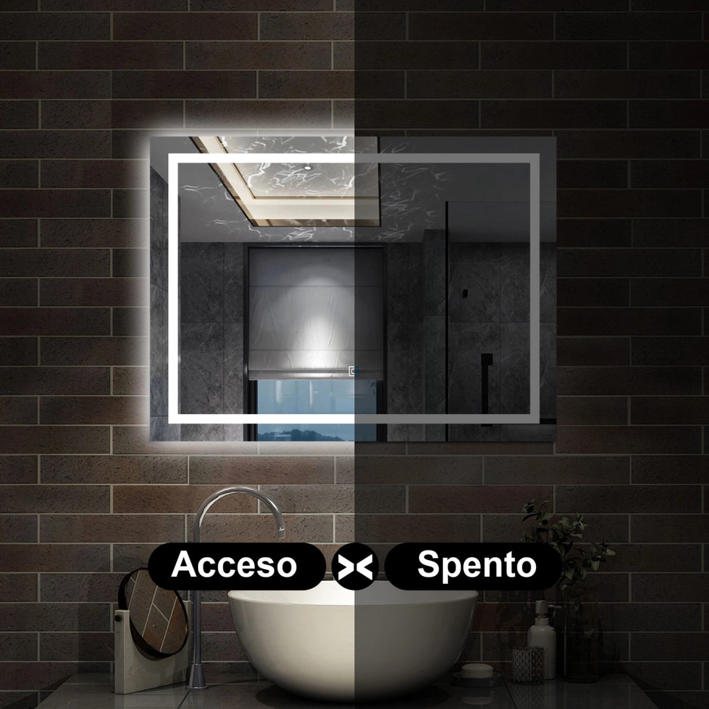 specchio rettangolare 100 x 60 cm con luce led antiappannamento e touch