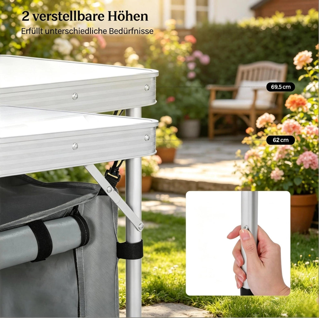 Tavolo da picnic pieghevole in alluminio con piano MDF, gambe regolabili, borsa portaoggetti in Oxford, 120x47 cm