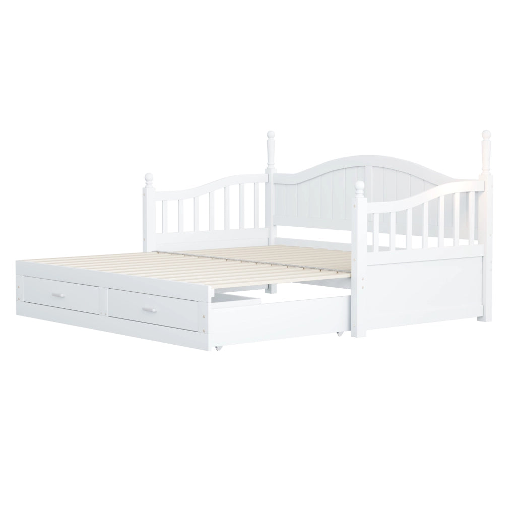 Letto estraibile singolo 90×190 cm e 180×190 cm con 2 cassetti e rete; senza materasso; legno; bianco